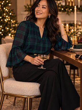J.Crew Navy & Green Plaid Bell Sleeve Blouse Size S | Holiday